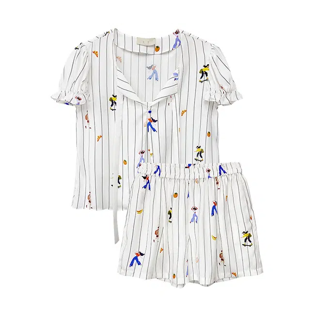 桑罗 条纹真丝短袖睡衣套装女童趣印花家居服可外穿内衣 女款