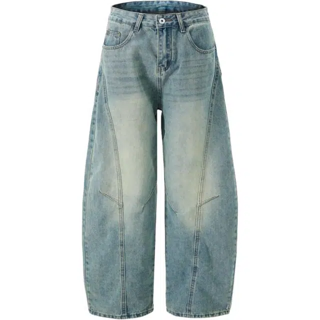 宝米卡 美式复古水做旧剪裁弯刀直筒宽松休闲阔腿裤牛仔裤 男女同款