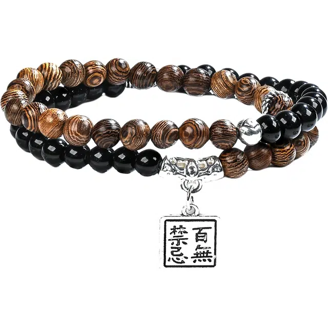 仙友 新中式国风双圈转运叠戴文玩招财纳福盘玩文艺复古风上岸#好运 黑檀 手串 男女同款情侣款