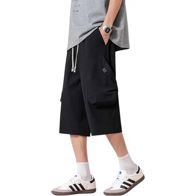 瑞梵帝斯 美式复古透气速干拼接大口袋弹力松紧腰抽绳纯色宽松百搭直筒休闲七分工装短裤 男款