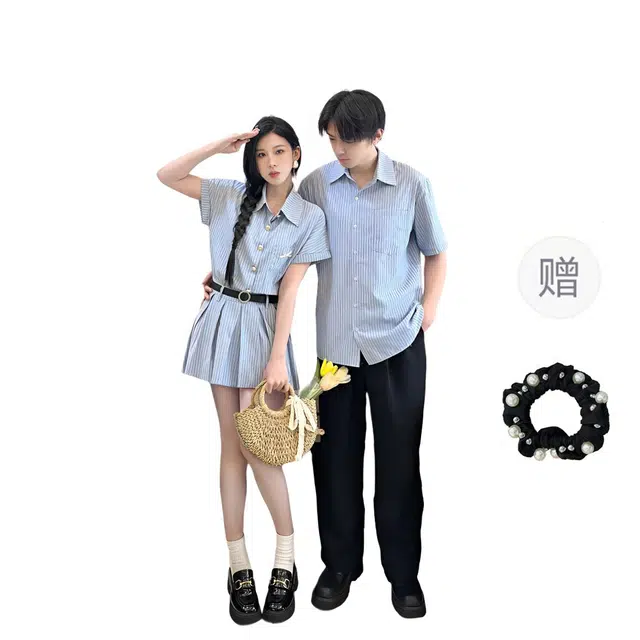 雾闪闪 时尚条纹翻领短袖上衣连衣裙情侣套装