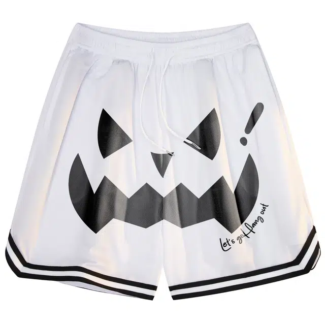 加菲猫家族 宽松直筒基础简约篮球裤美式高街潮流抽绳鬼笑脸印花设计户外通勤运动健身夏季百搭透气五分中腰休闲短裤 男女同款
