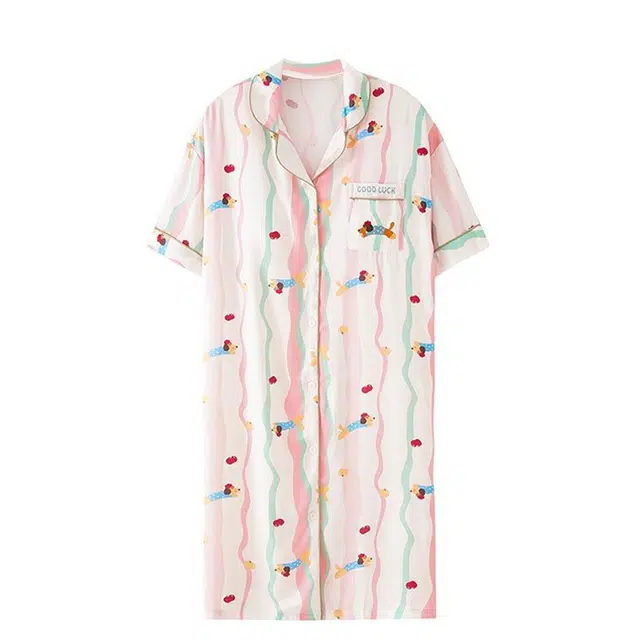 俏韵 翻领卡通夏季冰丝绸短袖甜美条纹薄款带胸垫凉感家居服可外穿睡裙 女款