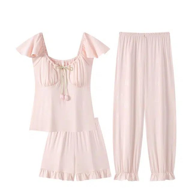 俏韵 圆领夏季舒适带胸垫短袖三件套甜美可爱夏天薄款家居服可外穿睡衣套装 女款