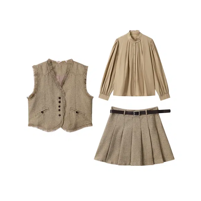 如续 法式复古别致衬衫流苏毛边马甲高腰百褶裙休闲套装 女款