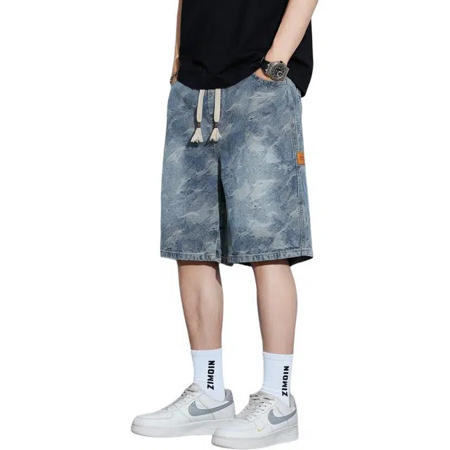 么宁 迷彩薄款五分裤宽松直筒潮流时尚舒适透气军事风个性痞帅牛仔短裤 男女同款