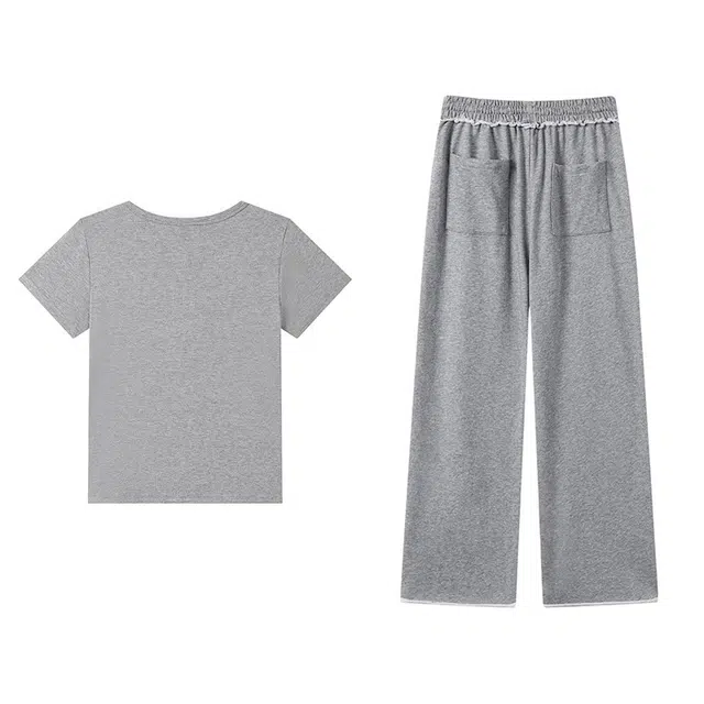 古莲菲 韩系修身拼接短袖破洞阔腿裤休闲套装 女款