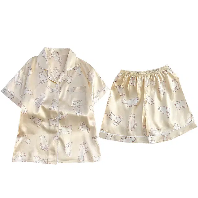 俏韵 翻领夏季冰丝舒适凉感短袖甜美可爱薄款家居服可外穿睡衣套装 女款