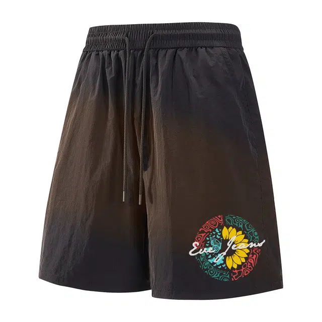 依文 美式复古街头简约基础拼接撞色设计创意艺术字母印花图案宽松舒适百搭通勤运动凉感透气速干抽绳休闲短裤 男女同款