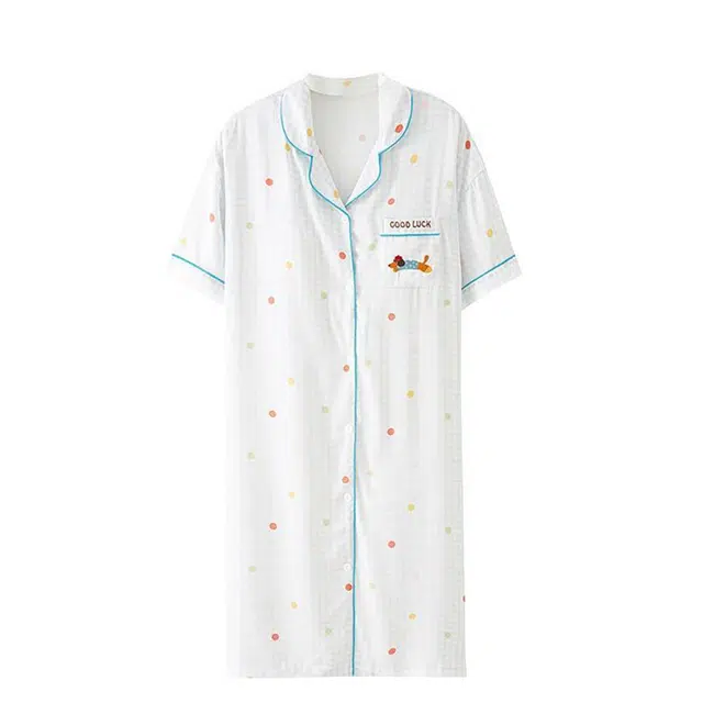 俏韵 翻领卡通夏季冰丝绸短袖甜美薄款带胸垫凉感家居服可外穿睡裙 女款