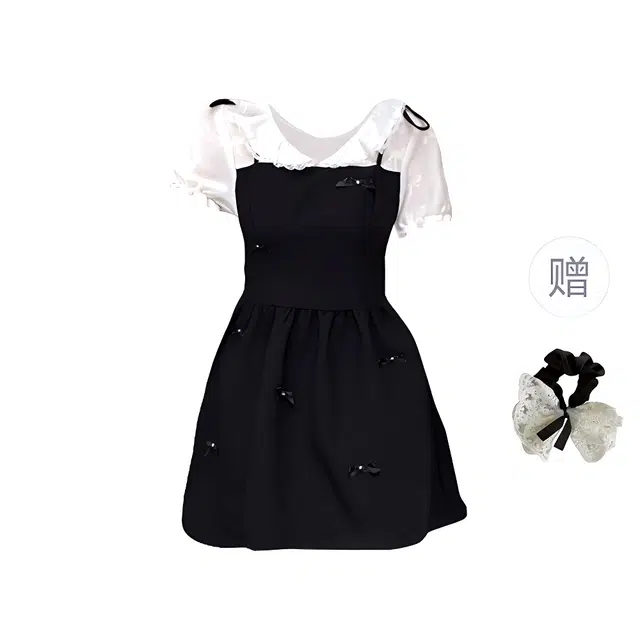 雾闪闪 合身高腰适中拼接蝴蝶结圆领短袖连衣裙 女款