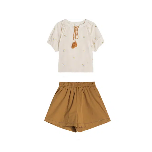 敲模女孩 法式简约清新短袖上衣气质时尚阔腿短裤休闲套装 女款