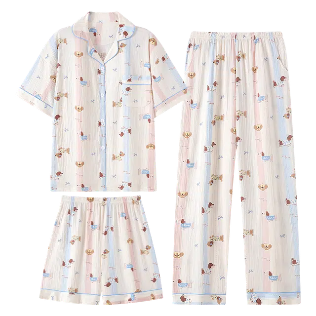 夏芬妍 甜美可爱卡通条纹萌宠翻领云朵棉短袖三件套家居服柔软舒适休闲可外穿睡衣套装 女款