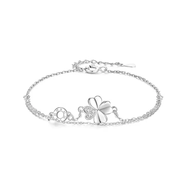 【999足银纯银 幸运四叶草】 福韵金 六桂福 圆环罗马数字轻奢精致简约小众设计小清新甜美闪耀百搭 银 手链 女款