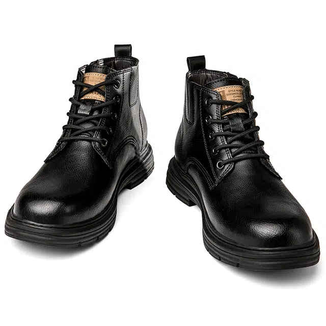 英伦骑士 系带 户外 百搭 防水 厚底增高 复古 真皮 时尚 短筒 马丁靴 男款 黑色