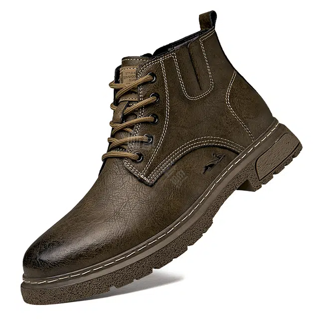 英伦骑士 头层牛皮 加绒柔软舒适潮流百搭 短筒 马丁靴 男款 卡其色