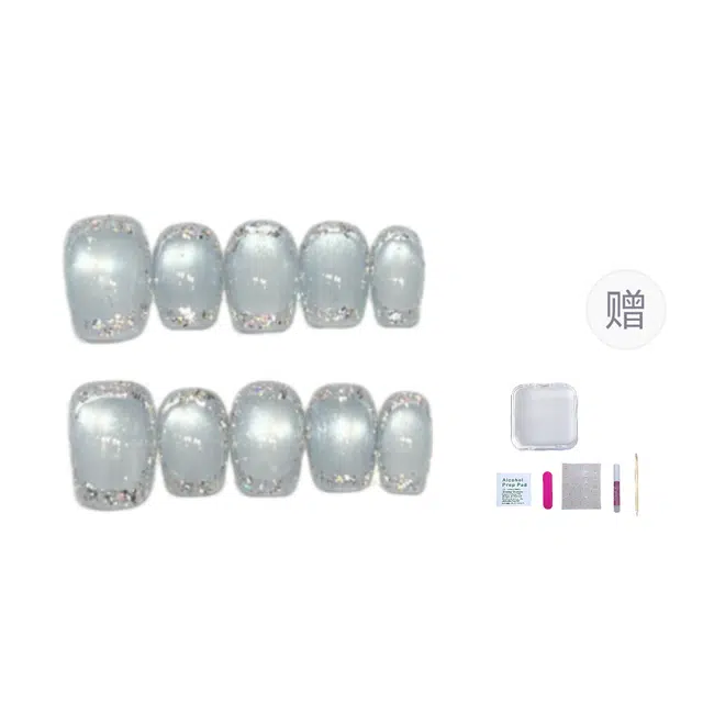 几多萌 天空之境 日常短款玻璃珠猫眼美甲亮片甲片纯手工穿戴甲  短圆蓝色渐变 纯欲