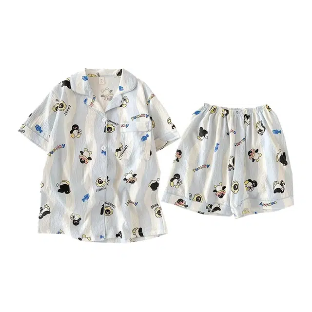 顶瓜瓜 夏季女透气舒适简约设计翻领卡通企鹅图案家居服睡衣套装 女款