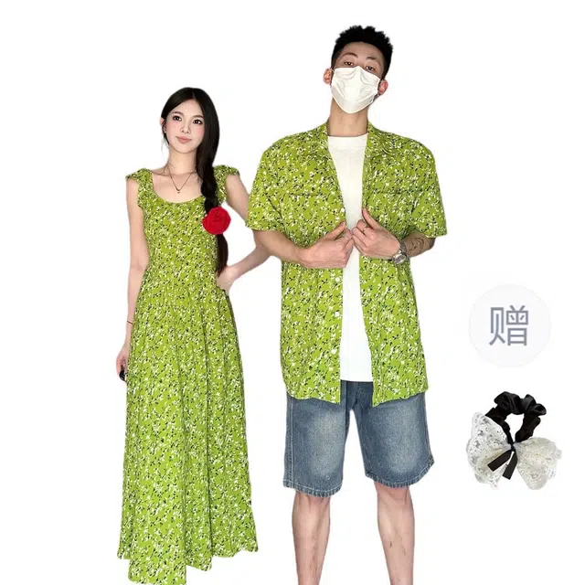 涂诗菲 法式田园风复古碎花温柔甜美连衣裙高级感小众时髦短袖情侣套装