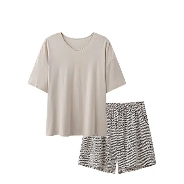 俏韵 圆领夏季舒适纯棉凉感带胸垫简约风短袖甜美薄款家居服可外穿睡衣套装 女款