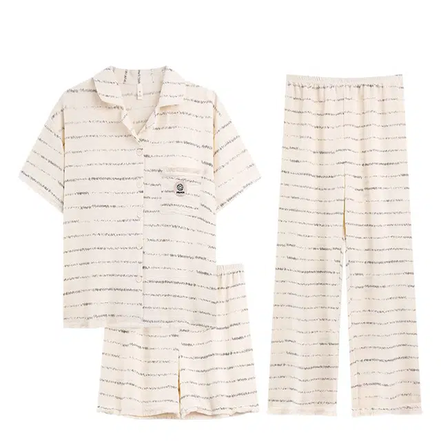 俏韵 翻领夏季云朵棉舒适带胸垫短袖三件套可爱夏天薄款家居服可外穿睡衣套装 女款