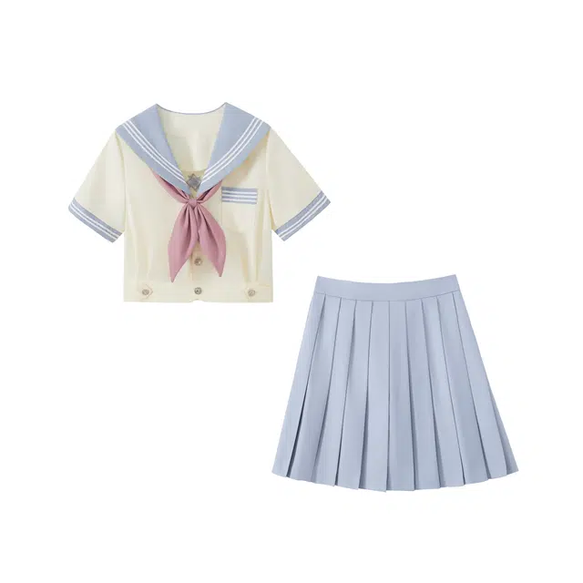 花山家的猫 大蝴蝶结刺绣口袋短袖上衣舒适百搭百褶短裙制服 女款