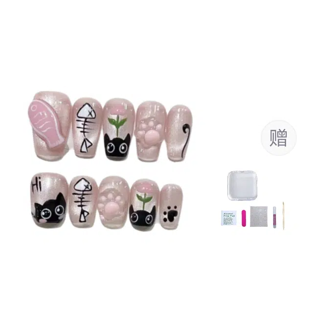 几多萌 纯手工穿戴甲可爱日常短款美甲手绘猫咪捏捏胶小鱼可拆卸重复使用  短圆粉色裸色 可爱