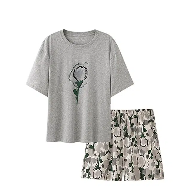 俏韵 圆领夏季舒适纯棉凉感带胸垫短袖甜美薄款家居服可外穿睡衣套装 女款