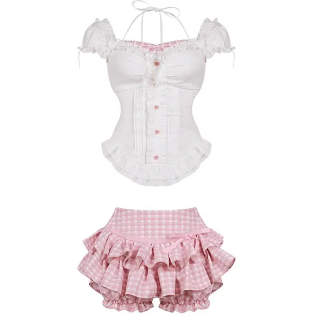 黛尔佳人 日系甜美超仙收腰短袖设计感蛋糕短裙裙装套装 女款