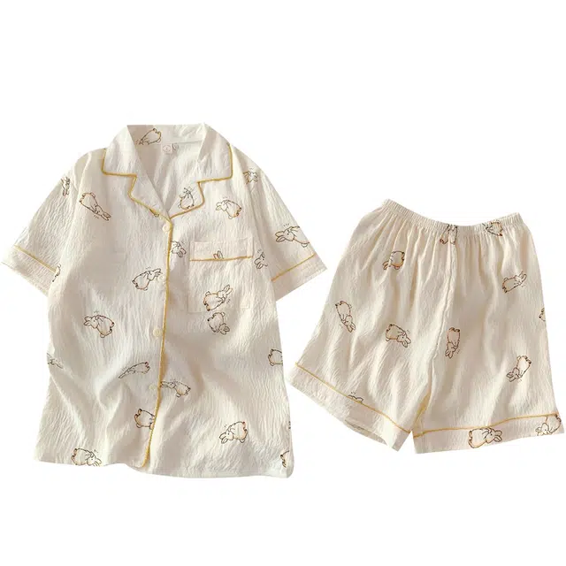 俏韵 翻领卡通夏季云朵棉短袖短裤甜美可爱舒适薄款家居服可外穿睡衣套装 女款