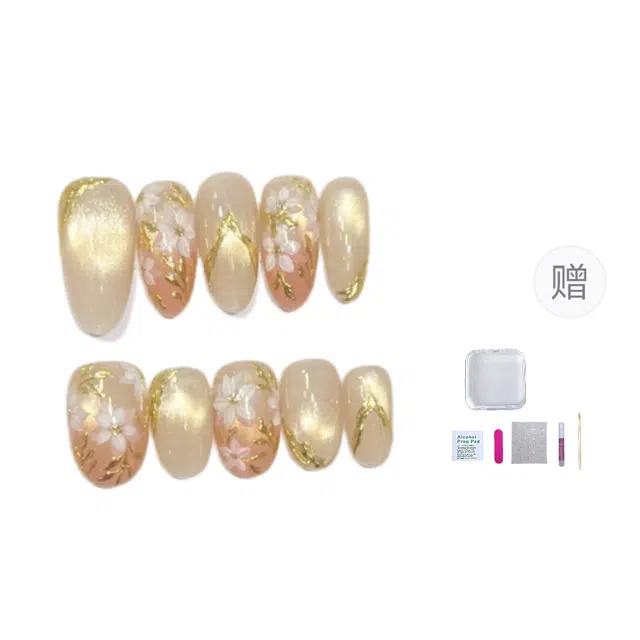 几多萌 纯手工穿戴甲高级感手绘猫眼法式魔镜粉百搭显白短款美甲  杏仁金色跳色 亮片