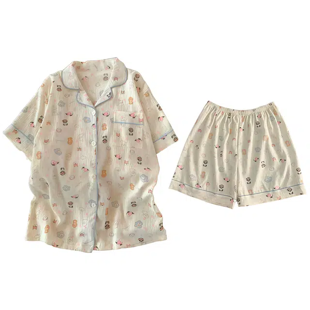 俏韵 翻领可爱卡通小狗短袖夏季薄款两件套云朵棉家居服可外穿睡衣套装 女款