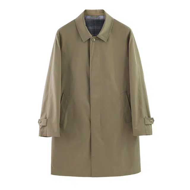 丹宁哲学 抗皱科技记忆面料格纹里衬纯色翻领宽松型风衣 男款