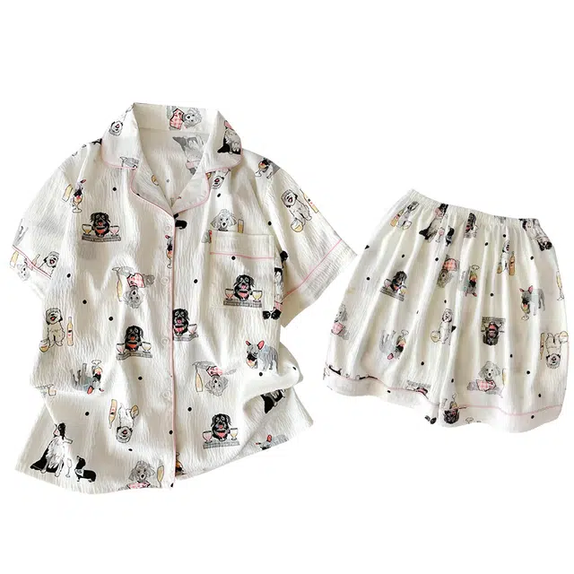 俏韵 翻领夏季云朵棉短袖短裤甜美可爱舒适薄款家居服可外穿睡衣套装 女款