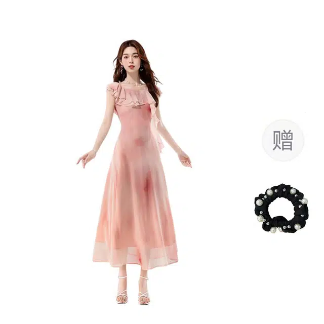 雾闪闪 晕染一字肩荷叶领优雅浪漫度假风长款裙显瘦短袖连衣裙 女款