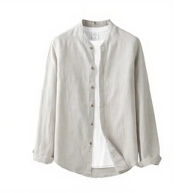 老爷车 夏季亚麻舒适透气纯色长袖立领衬衫 男款