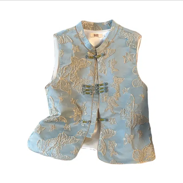 丝絮丝绸 双色蝴蝶刺绣新中式高端气质盘扣国风无袖背心马甲 女款