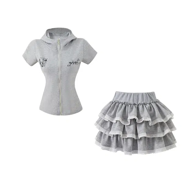 花山家的猫 日系甜美可爱百搭涂鸦猫耳朵卡通修身蛋糕蓬蓬裙裙装套装 女款