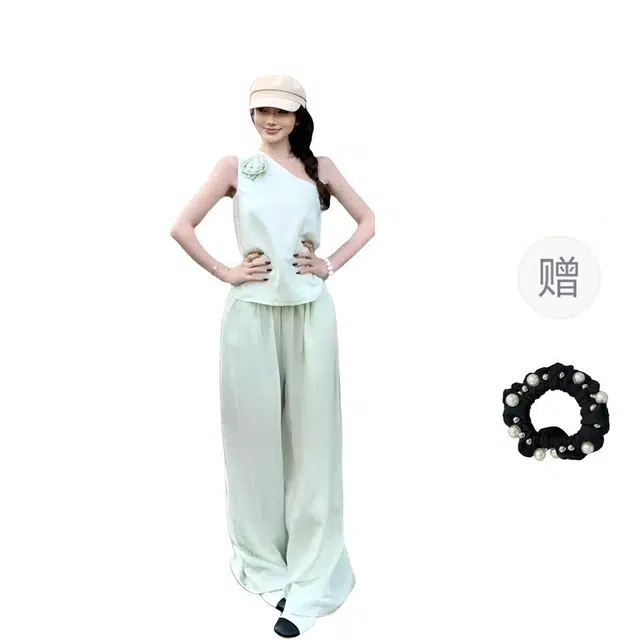 雾闪闪 斜肩花朵无袖上衣高腰阔腿长裤休闲套装 女款
