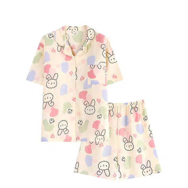 俏韵 翻领卡通舒适凉感短袖甜美薄款家居服可外穿睡衣套装 女款