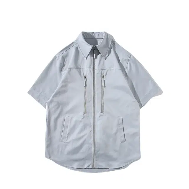 加荣 港风拉链垫肩衬衫短袖男夏季轻薄透气时尚潮牌百搭小众设计感青少年户外出行美式五分袖衬衣上衣 男女同款
