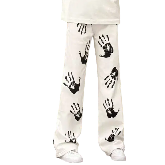 拾个壹先生 炸街痞帅小众原创潮牌美式高街手掌印花趣味设计感宽松休闲高腰直筒牛仔裤 男女同款