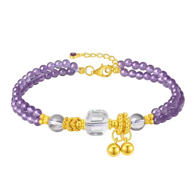 金大福  【前程似锦】紫晶铃铛叠戴串珠 九紫离火新中式国潮简约气质梦幻小众高级感轻奢紫气东来转运珠百搭手饰 #好运 紫水晶 手链 女款
