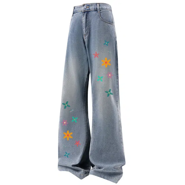 加菲猫家族 美式复古品牌植物花卉印花微喇做旧基础款垂感弯刀裤痞帅时尚百搭休闲通勤日常显高显瘦修身牛仔裤 男女同款