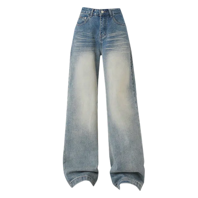 拾籍 高街时尚夏季破洞水洗阔腿裤女复古高腰宽松显瘦拖地牛仔裤 女款