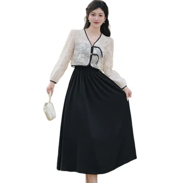 丝絮丝绸 新中式复古国风绣花开衫纯色吊带裙两件套裙装套装 女款