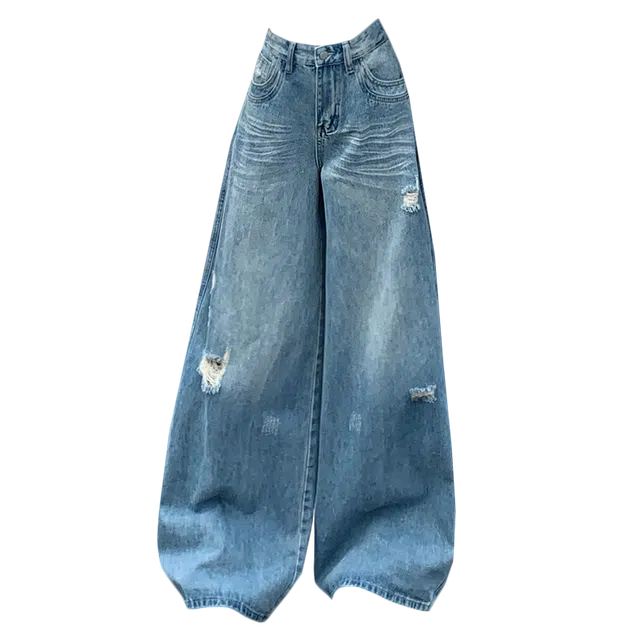 拾籍 美式高街夏季破洞重洗水工艺高腰宽松复古垂感百搭休闲阔腿直筒显瘦拖地牛仔裤 女款