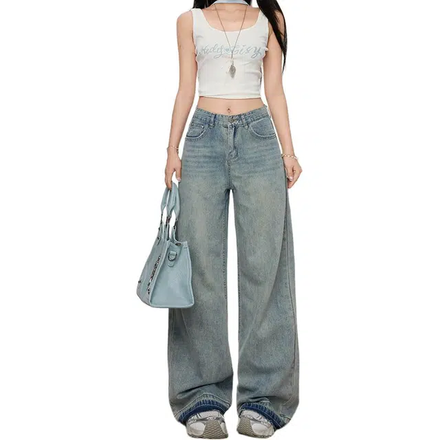 玫丝朵 经典复古百搭潮流垂感做旧直筒阔腿拖地牛仔裤 女款