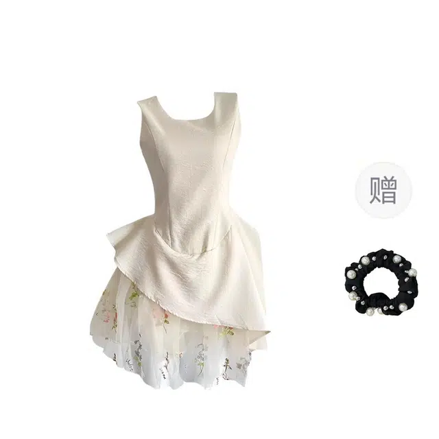 雾闪闪 法式甜美时尚气质不规则蕾丝拼接背心女夏季收腰蓬蓬短裙无袖连衣裙 女款