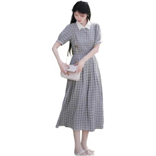 缪斯的诱惑 法式格纹裙优雅夏天高级感独特漂亮绝美气质长裙短袖连衣裙 女款